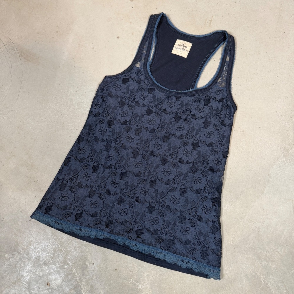 Vintage Hollister Navy Blue Floral Lace Racerback Tank Top Small Boho Scoop Neck